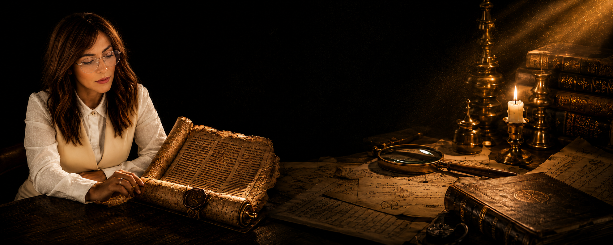 Cena do pergaminho com vela e livros antigos